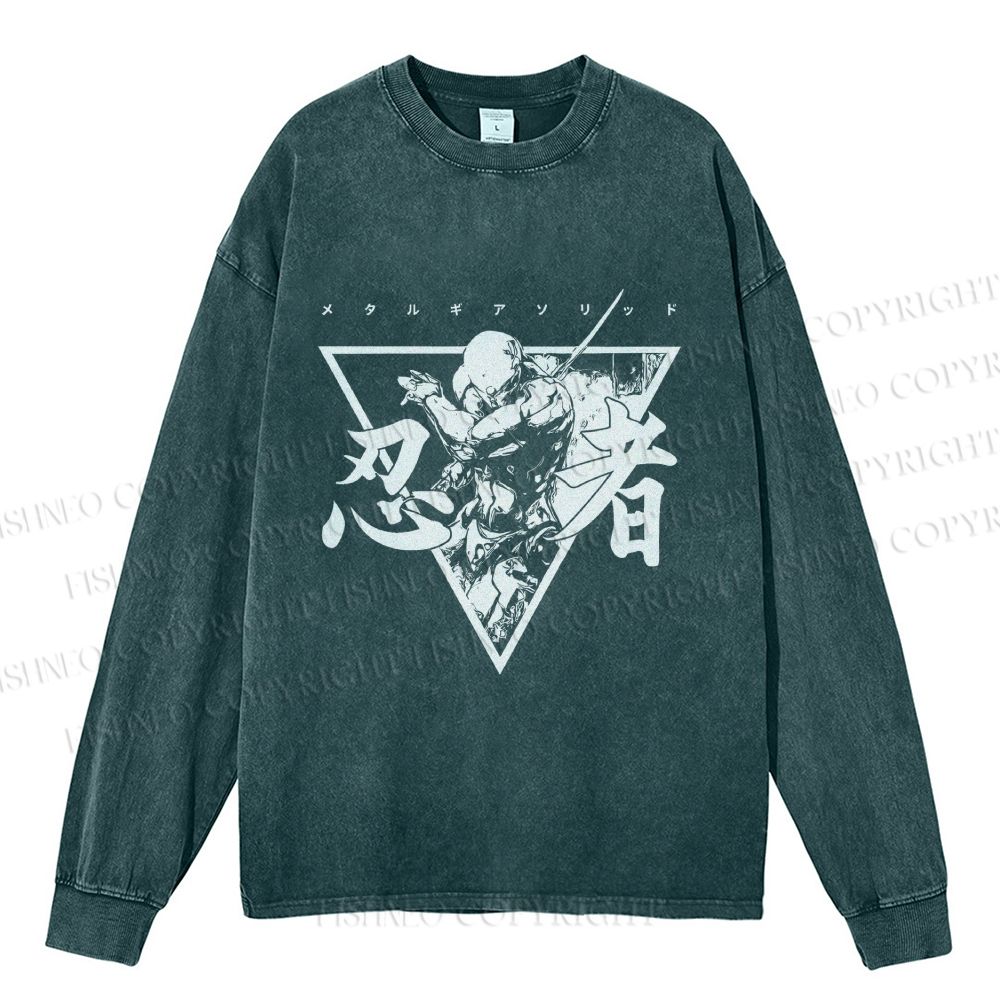 Unisex Casual Washed Metal Gear Printed Long Sleeve T-shirt