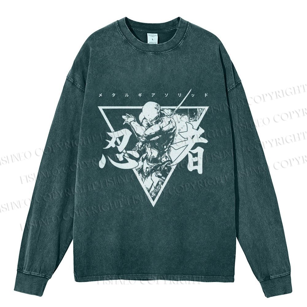 Unisex Casual Washed Metal Gear Printed Long Sleeve T-shirt