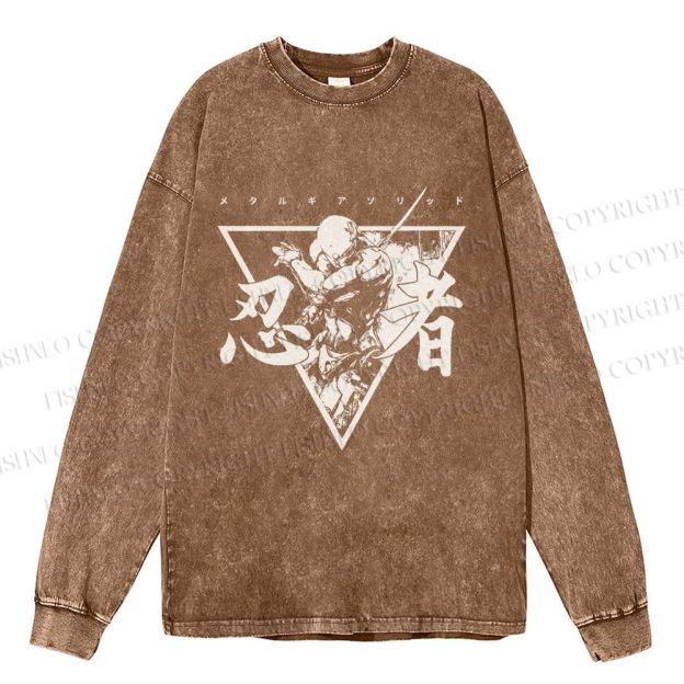 Unisex Casual Washed Metal Gear Printed Long Sleeve T-shirt