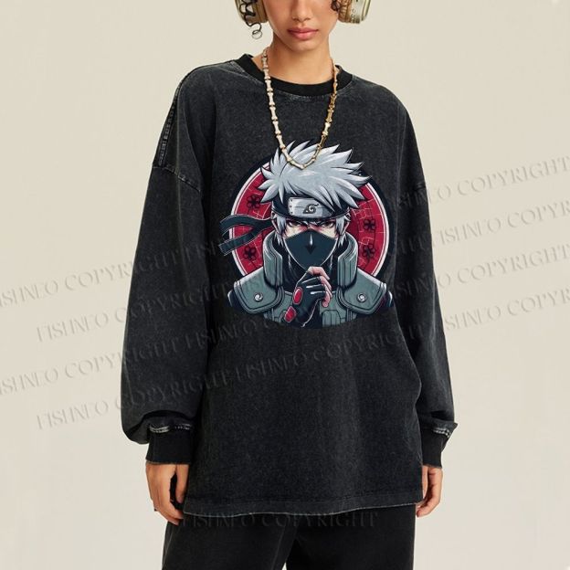 Unisex Casual Washed Naruto Kakashi Hatake Printed Long Sleeve T-shirt