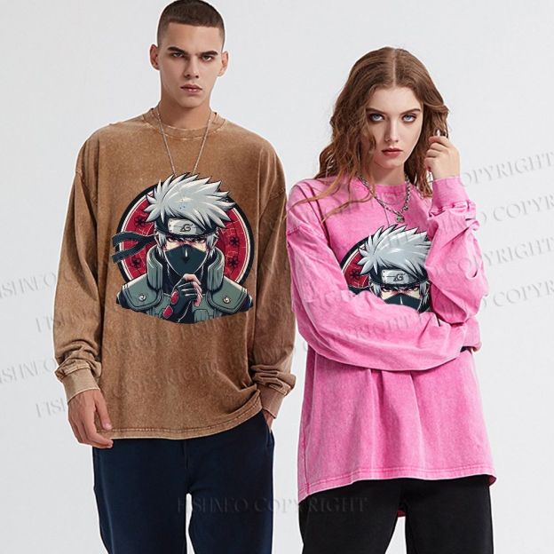 Unisex Casual Washed Naruto Kakashi Hatake Printed Long Sleeve T-shirt