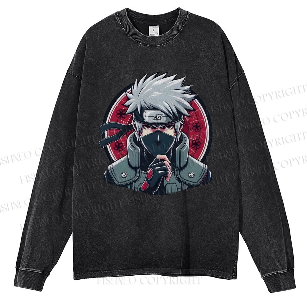 Unisex Casual Washed Naruto Kakashi Hatake Printed Long Sleeve T-shirt