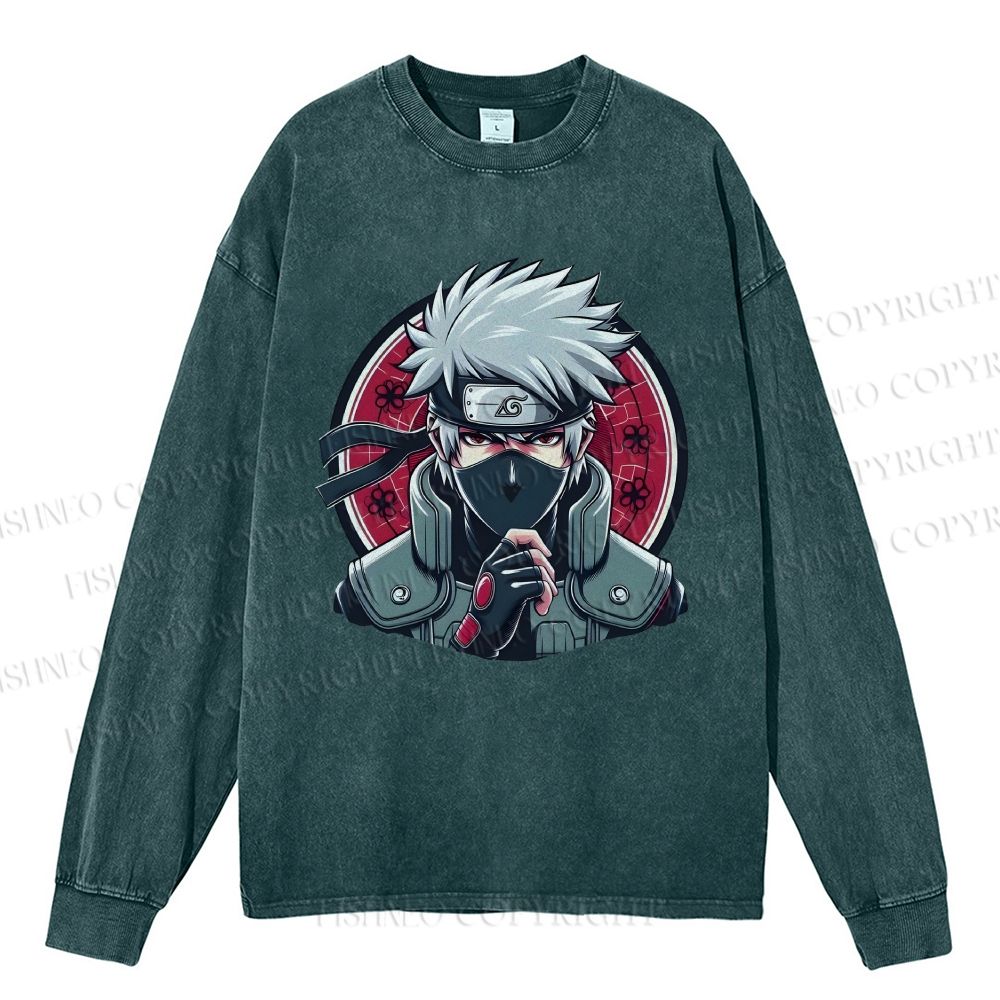 Unisex Casual Washed Naruto Kakashi Hatake Printed Long Sleeve T-shirt