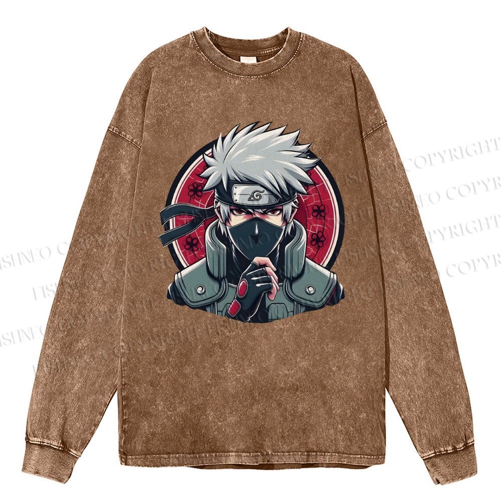 Unisex Casual Washed Naruto Kakashi Hatake Printed Long Sleeve T-shirt