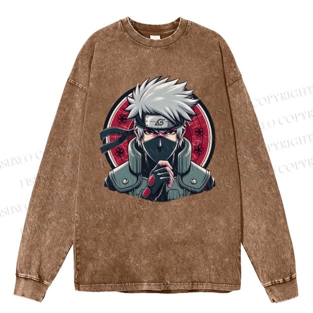 Unisex Casual Washed Naruto Kakashi Hatake Printed Long Sleeve T-shirt