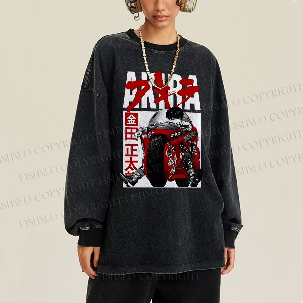 Unisex Casual Washed Akira Vintage Printed Long Sleeve T-shirt