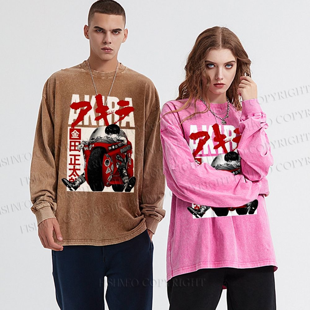 Unisex Casual Washed Akira Vintage Printed Long Sleeve T-shirt