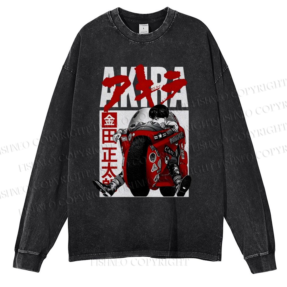 Unisex Casual Washed Akira Vintage Printed Long Sleeve T-shirt