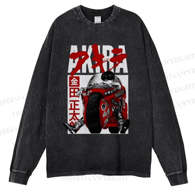 Unisex Casual Washed Akira Vintage Printed Long Sleeve T-shirt