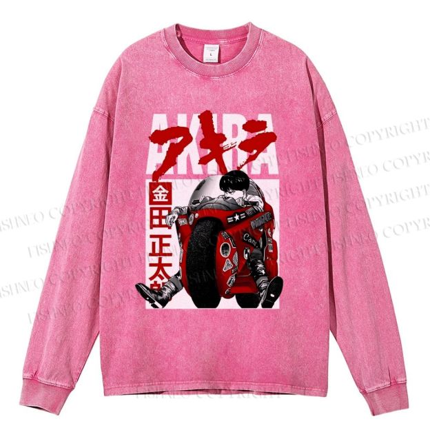 Unisex Casual Washed Akira Vintage Printed Long Sleeve T-shirt