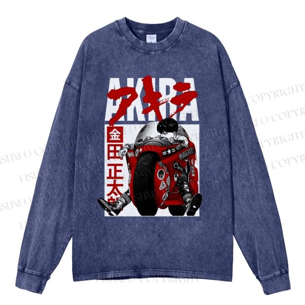 Unisex Casual Washed Akira Vintage Printed Long Sleeve T-shirt