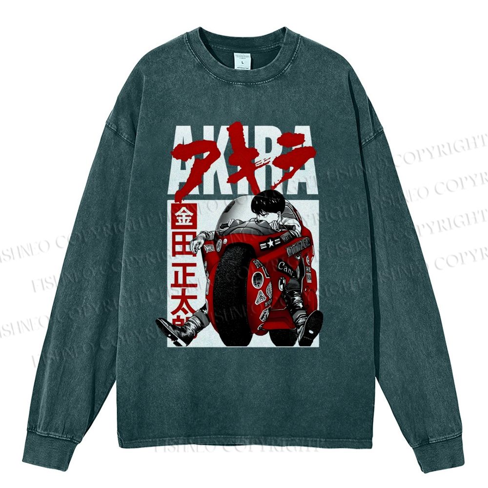 Unisex Casual Washed Akira Vintage Printed Long Sleeve T-shirt