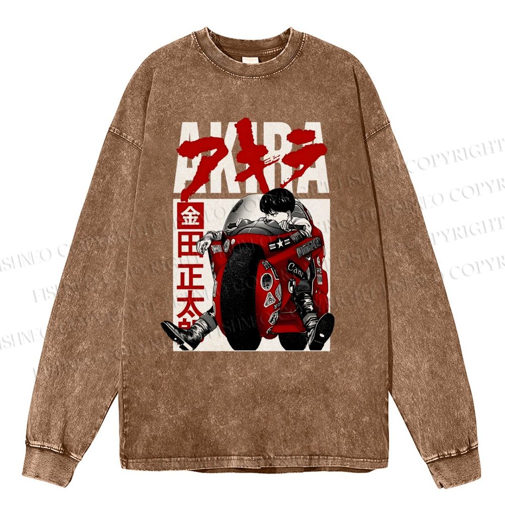 Unisex Casual Washed Akira Vintage Printed Long Sleeve T-shirt