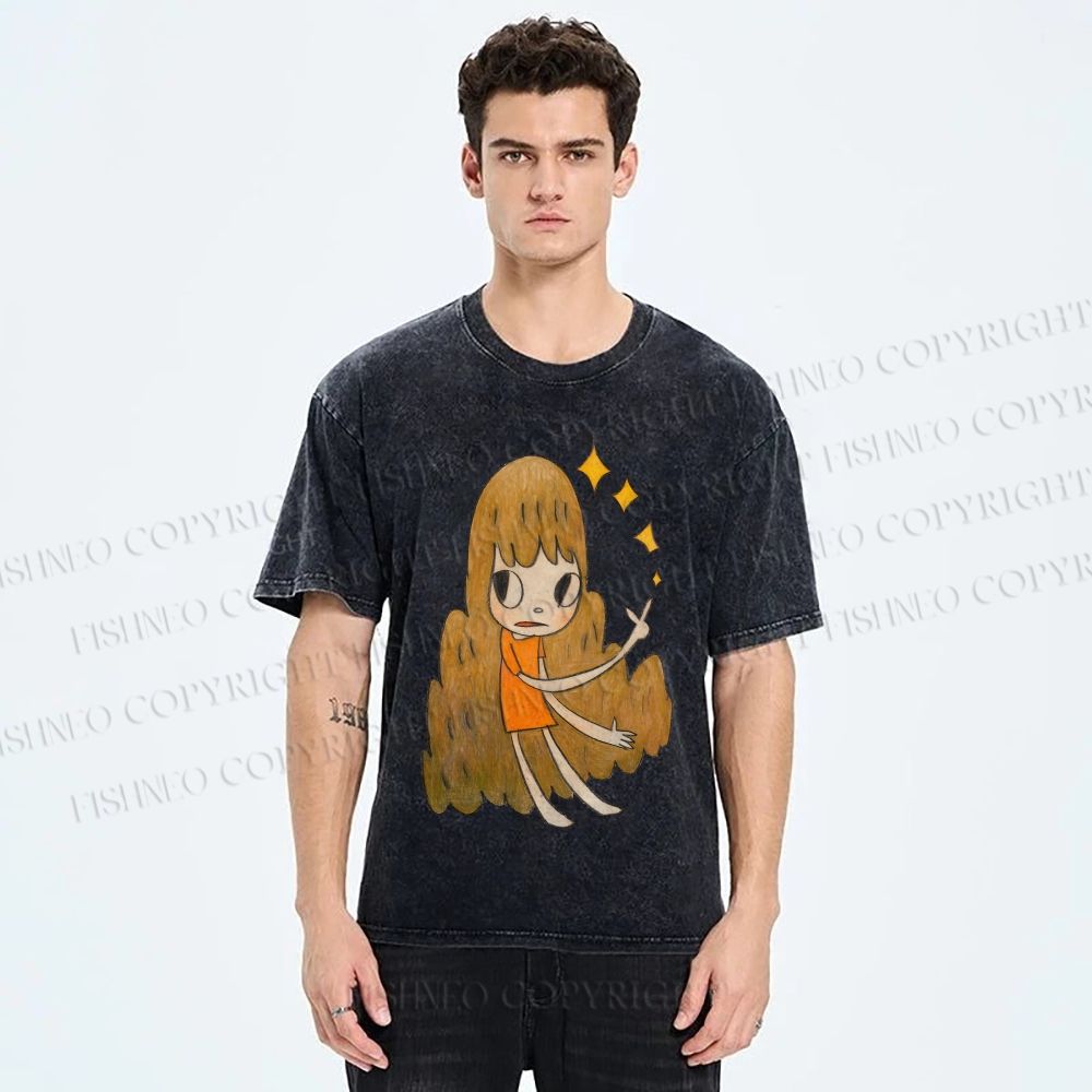 Unisex Yoshitomo Nara Stars Girl Printed Washed Tee