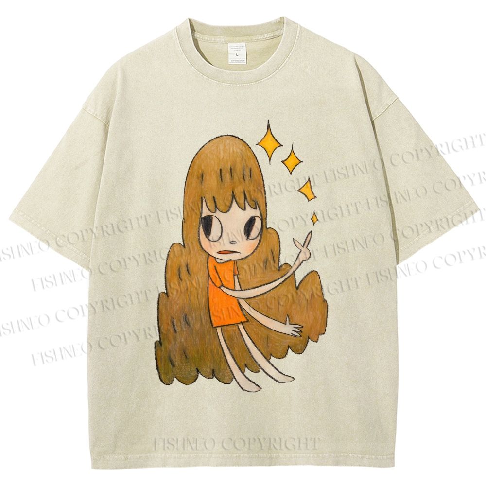 Unisex Yoshitomo Nara Stars Girl Printed Washed Tee