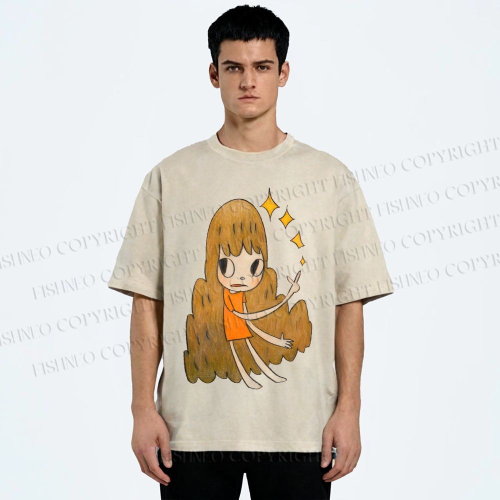 Unisex Yoshitomo Nara Stars Girl Printed Washed Tee