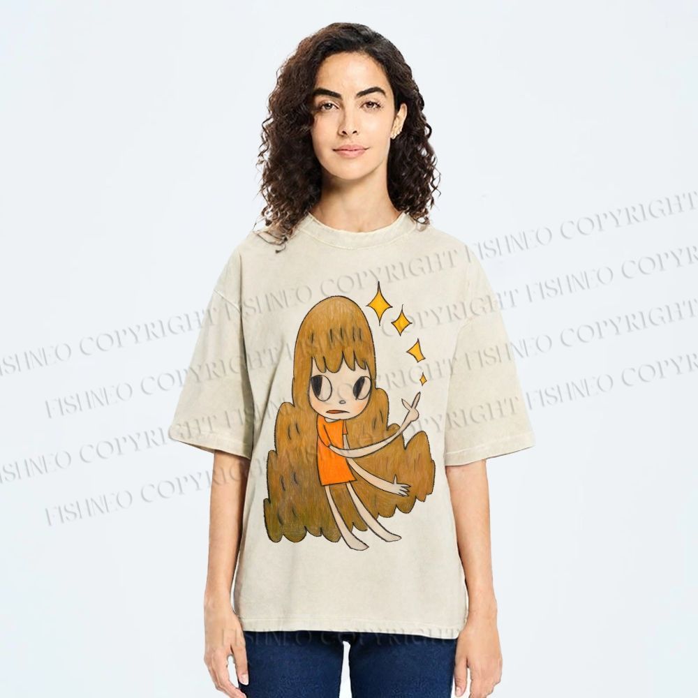 Unisex Yoshitomo Nara Stars Girl Printed Washed Tee