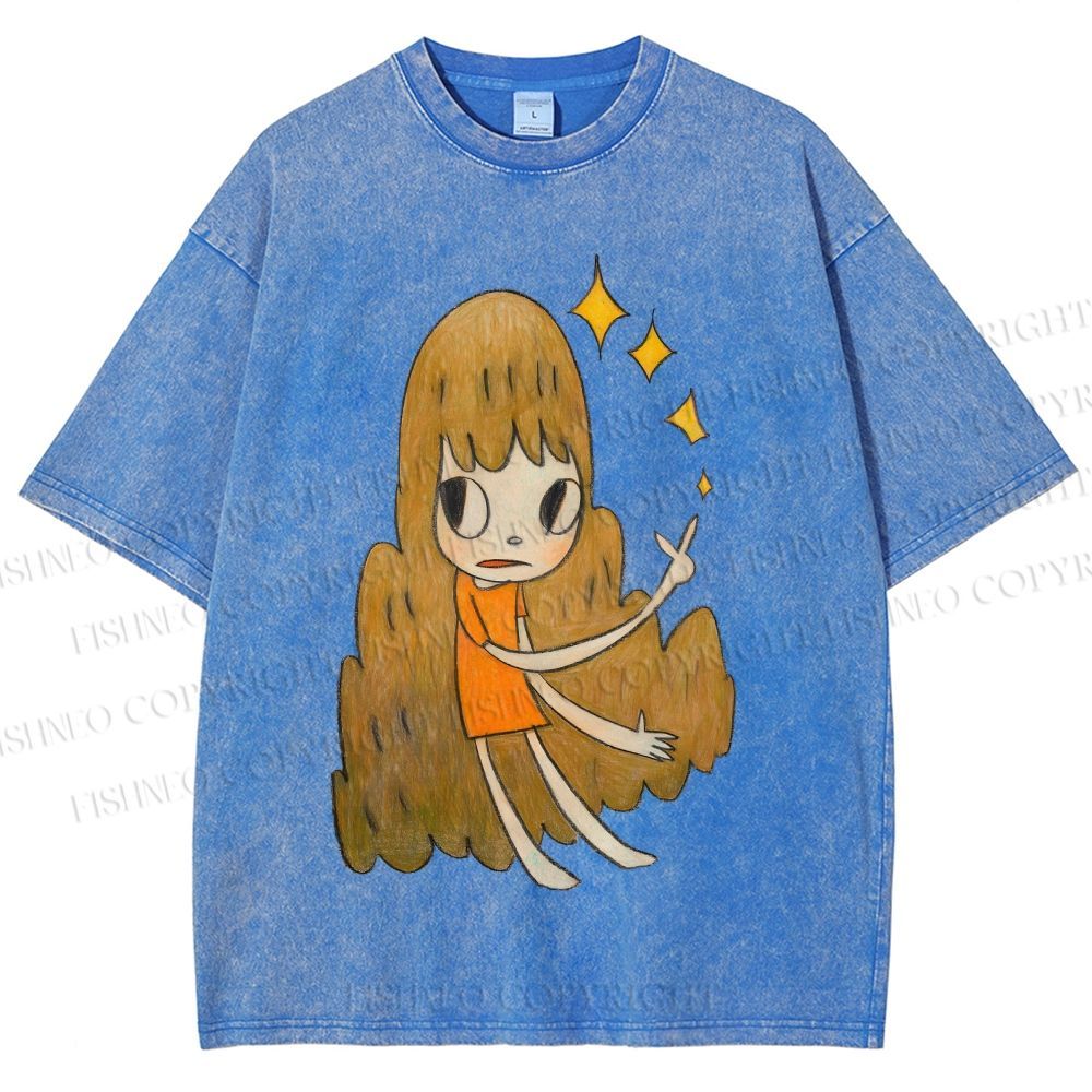 Unisex Yoshitomo Nara Stars Girl Printed Washed Tee