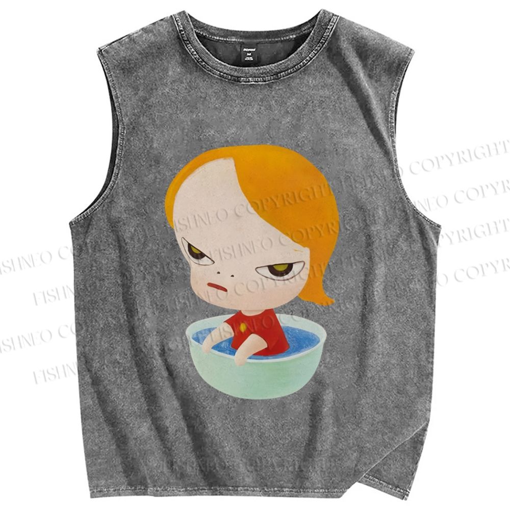 Unisex Yoshitomo Nara Water Bowl Girl Printed Washed Tank Top