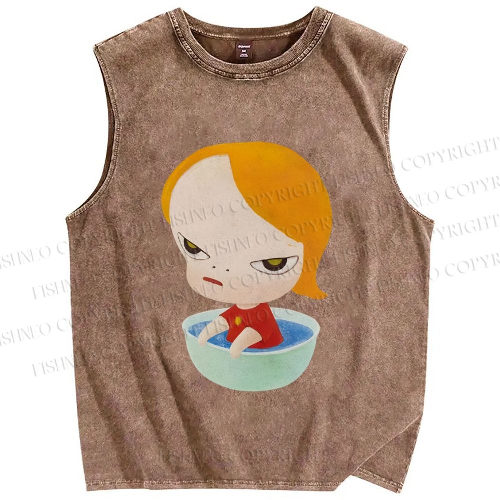 Unisex Yoshitomo Nara Water Bowl Girl Printed Washed Tank Top