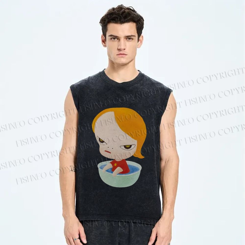 Unisex Yoshitomo Nara Water Bowl Girl Printed Washed Tank Top