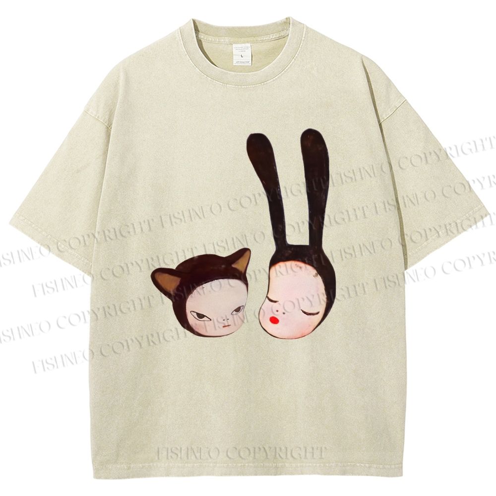 Unisex Yoshitomo Nara Rabbit Head Girl Printed Washed Tee