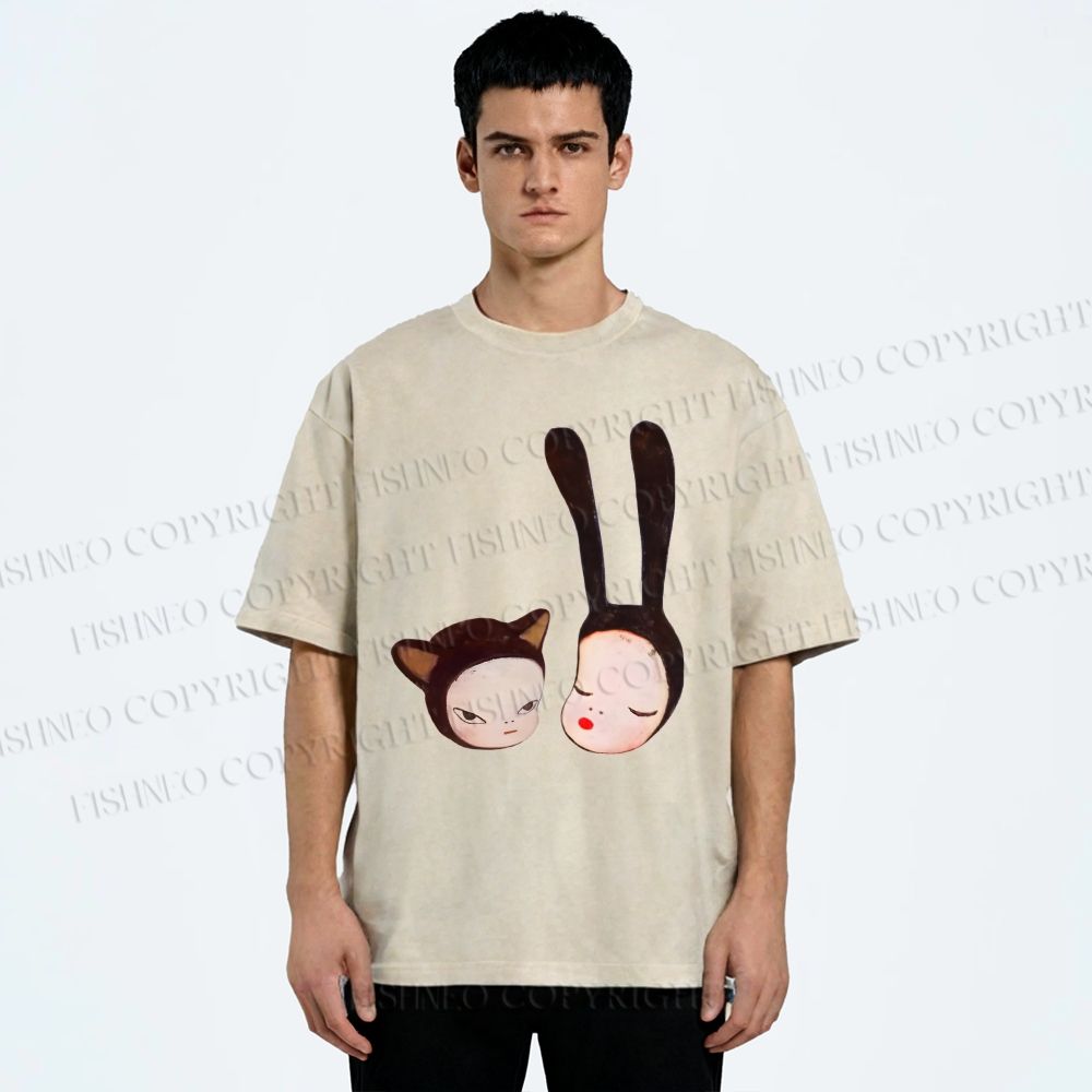 Unisex Yoshitomo Nara Rabbit Head Girl Printed Washed Tee