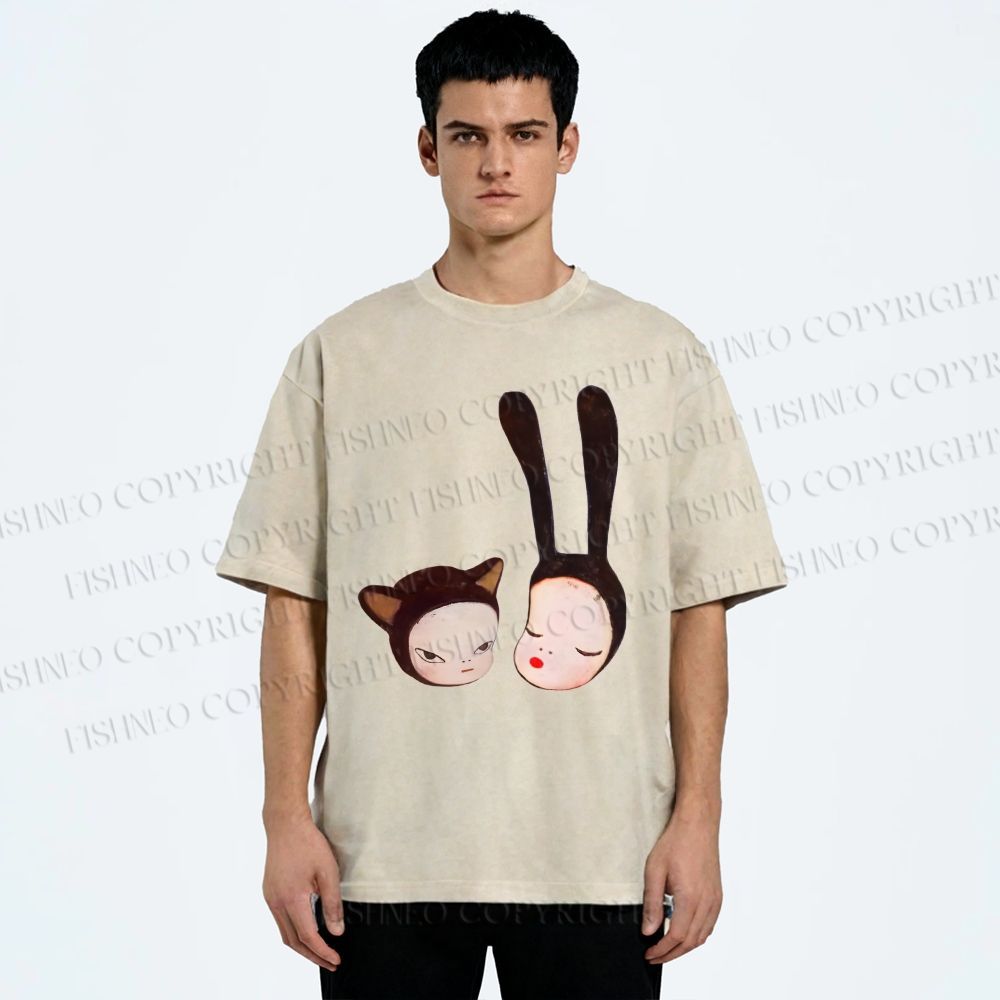 Unisex Yoshitomo Nara Rabbit Head Girl Printed Washed Tee