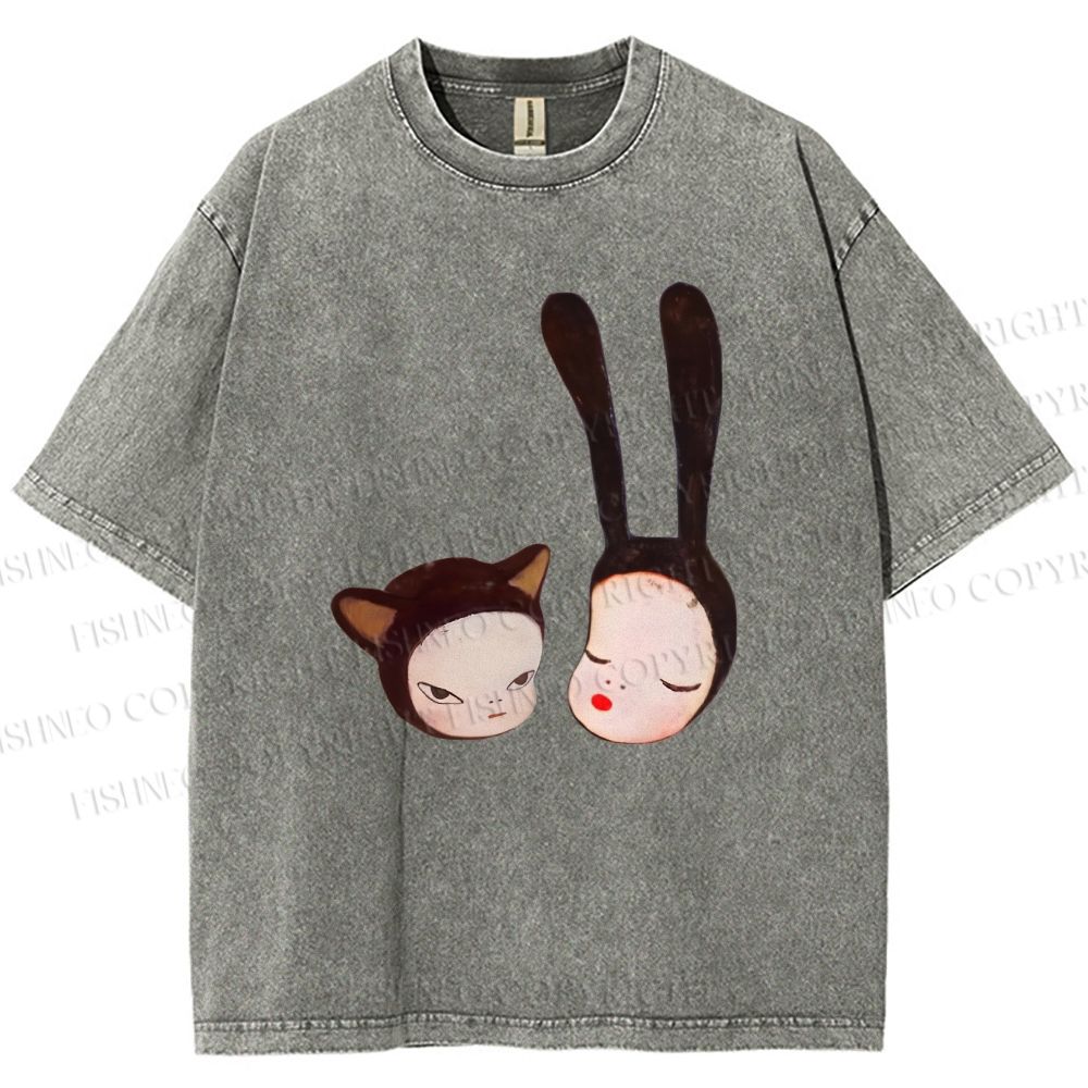Unisex Yoshitomo Nara Rabbit Head Girl Printed Washed Tee