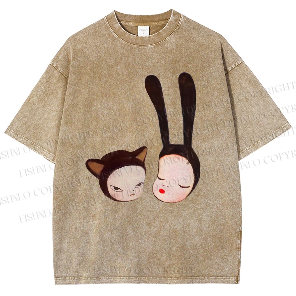 Unisex Yoshitomo Nara Rabbit Head Girl Printed Washed Tee