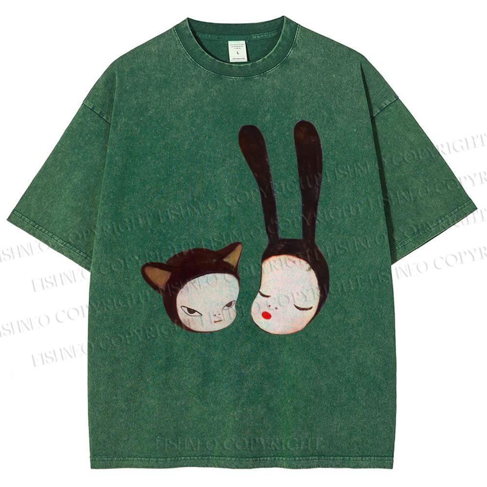 Unisex Yoshitomo Nara Rabbit Head Girl Printed Washed Tee
