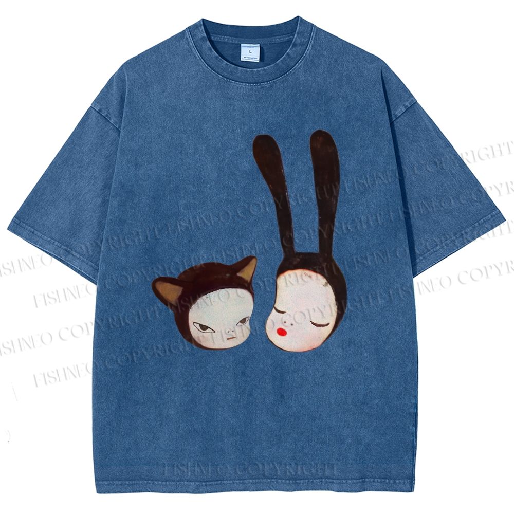 Unisex Yoshitomo Nara Rabbit Head Girl Printed Washed Tee