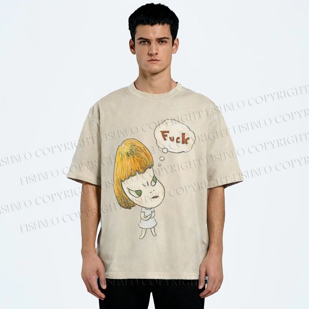 Unisex Yoshitomo Nara Fuck Printed Washed Tee