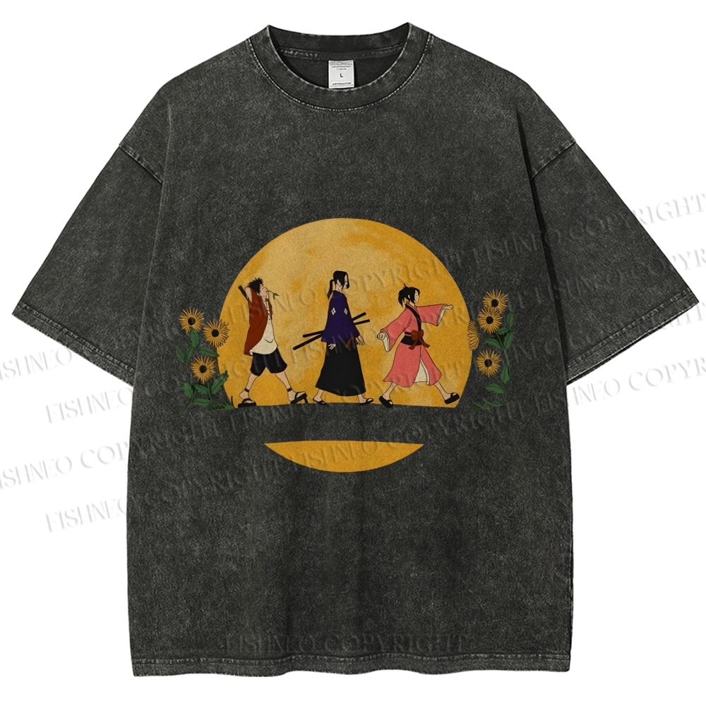 Unisex Samurai Champloo Walking in Moonlight Printed Washed Tee