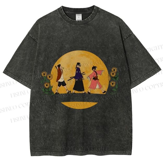 Unisex Samurai Champloo Walking in Moonlight Printed Washed Tee