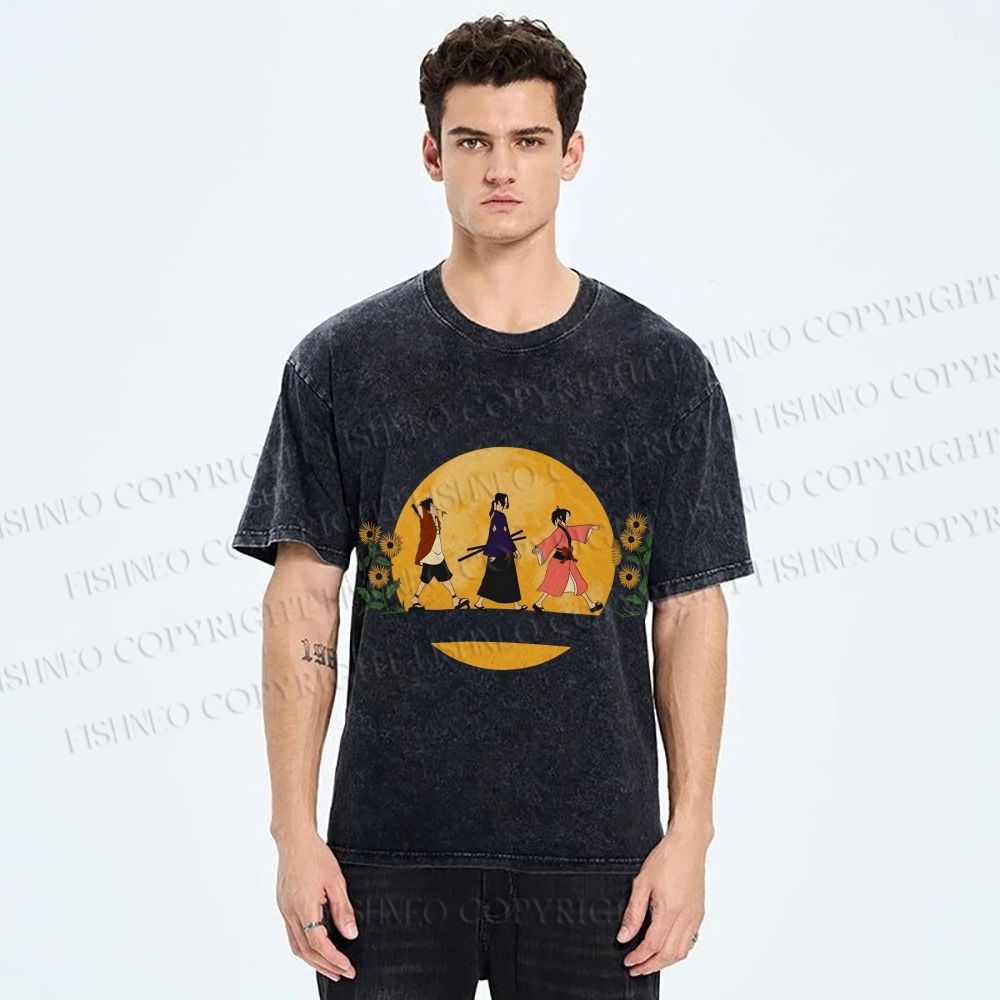 Unisex Samurai Champloo Walking in Moonlight Printed Washed Tee