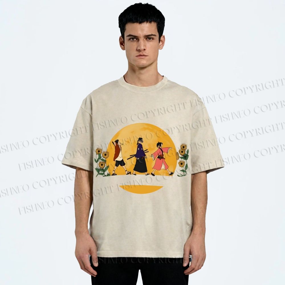 Unisex Samurai Champloo Walking in Moonlight Printed Washed Tee
