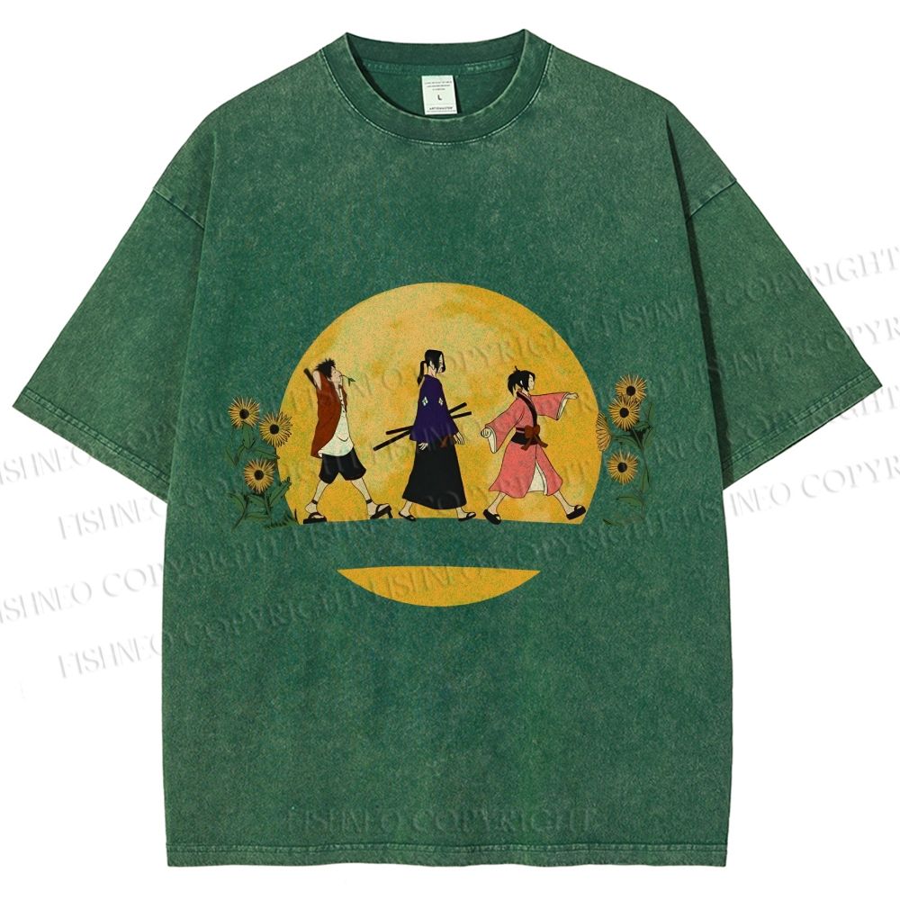 Unisex Samurai Champloo Walking in Moonlight Printed Washed Tee