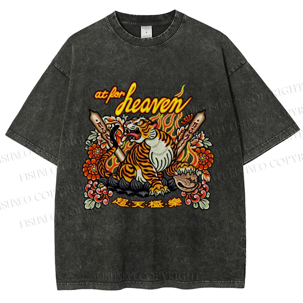 Unisex Vintage Heaven Tiger Printed Washed Tee