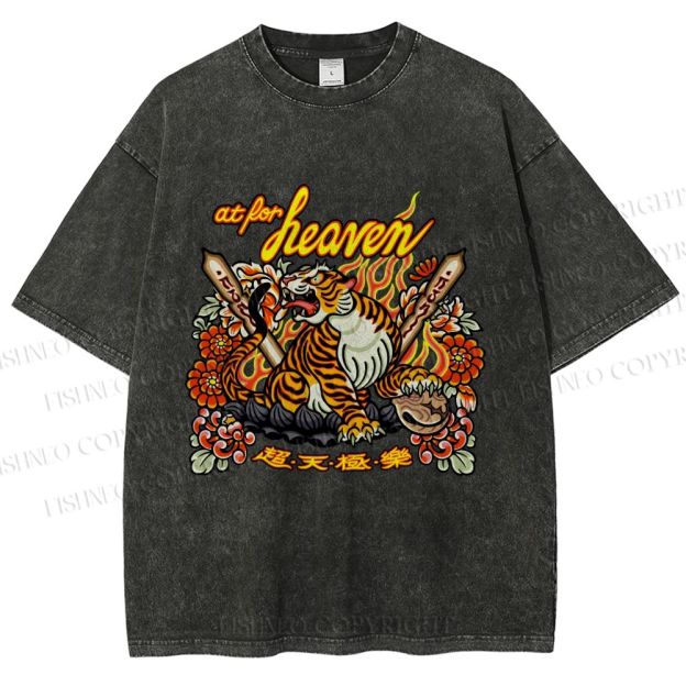 Unisex Vintage Heaven Tiger Printed Washed Tee