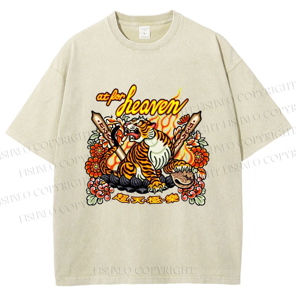 Unisex Vintage Heaven Tiger Printed Washed Tee