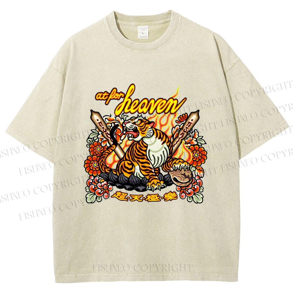 Unisex Vintage Heaven Tiger Printed Washed Tee