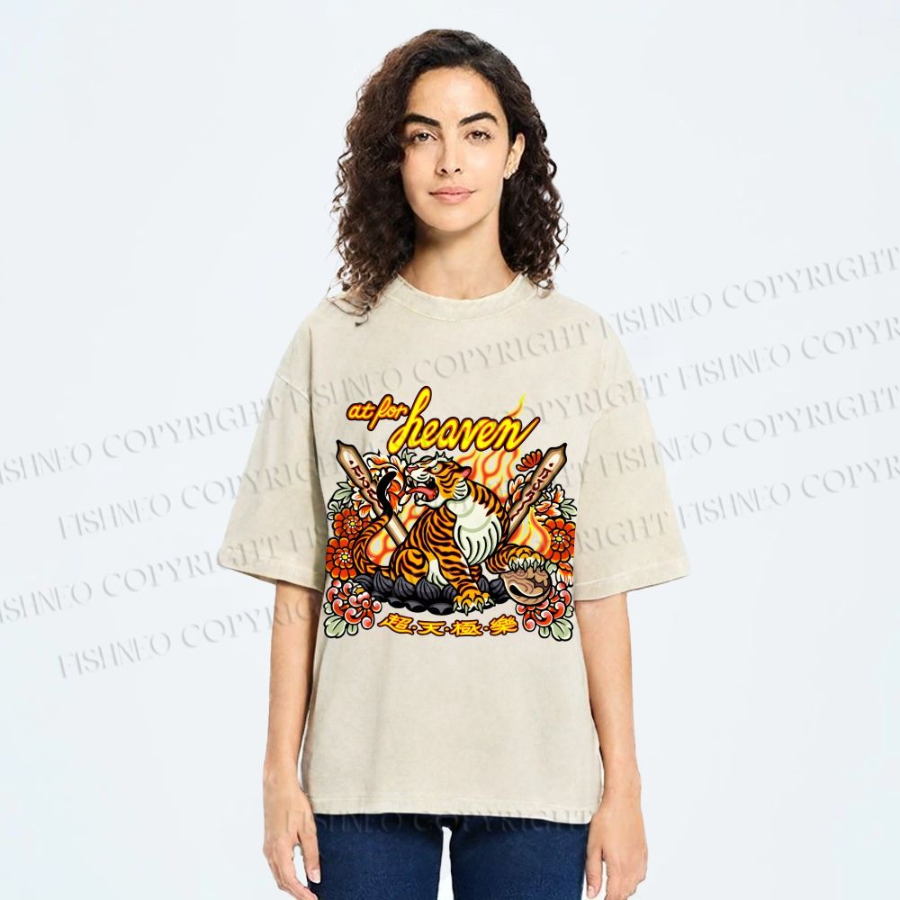 Unisex Vintage Heaven Tiger Printed Washed Tee