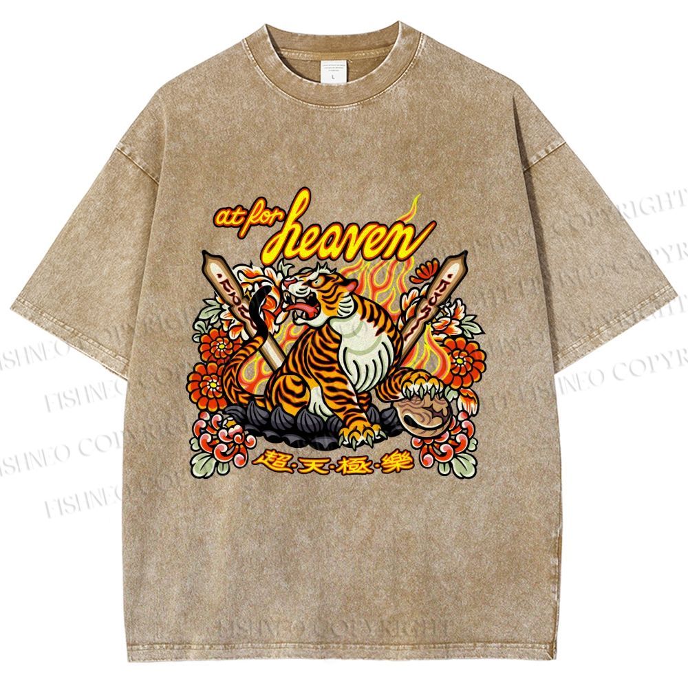 Unisex Vintage Heaven Tiger Printed Washed Tee