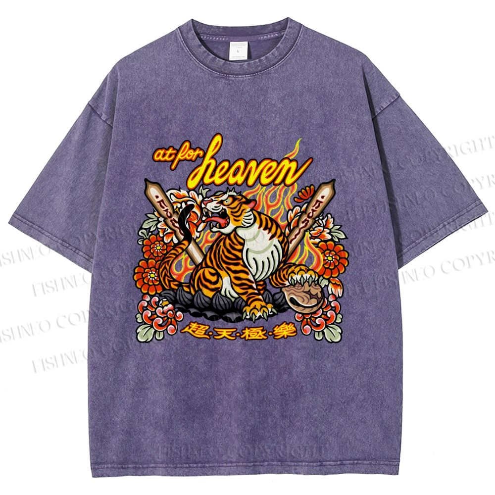 Unisex Vintage Heaven Tiger Printed Washed Tee