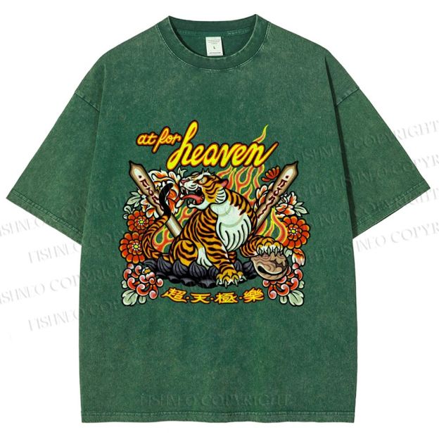Unisex Vintage Heaven Tiger Printed Washed Tee