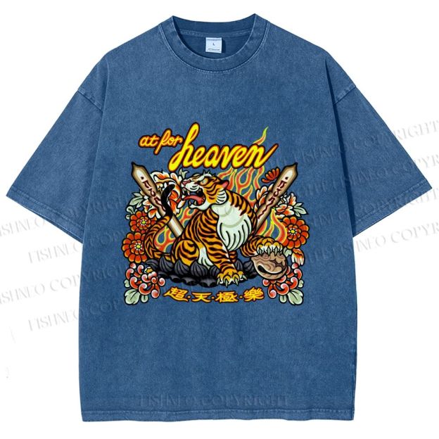 Unisex Vintage Heaven Tiger Printed Washed Tee