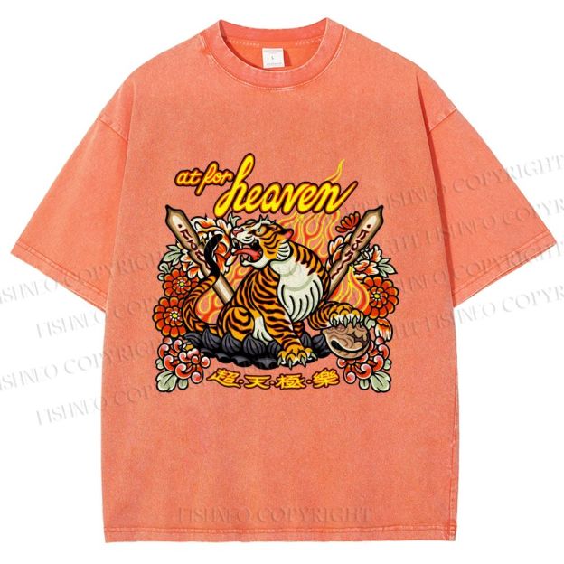 Unisex Vintage Heaven Tiger Printed Washed Tee