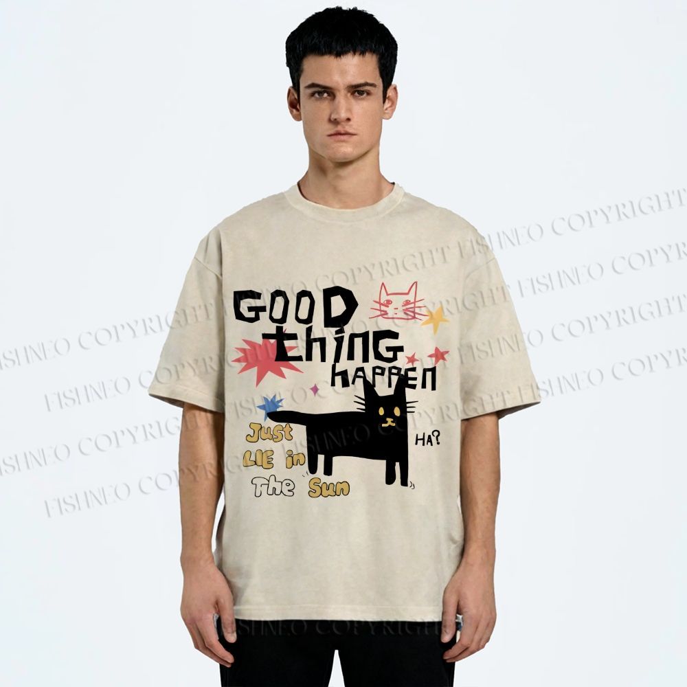 Unisex Black Cat Sunbathing Good Thing Printed Washed Tee