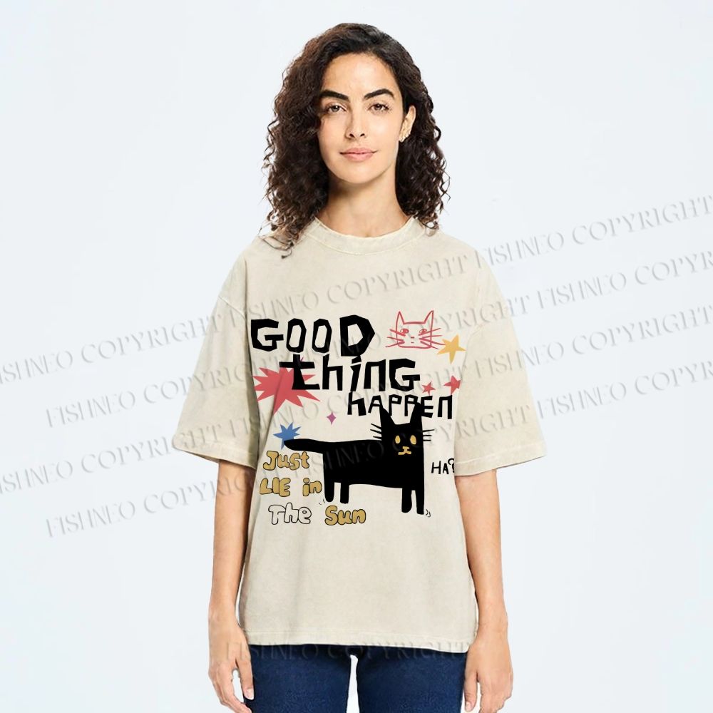 Unisex Black Cat Sunbathing Good Thing Printed Washed Tee